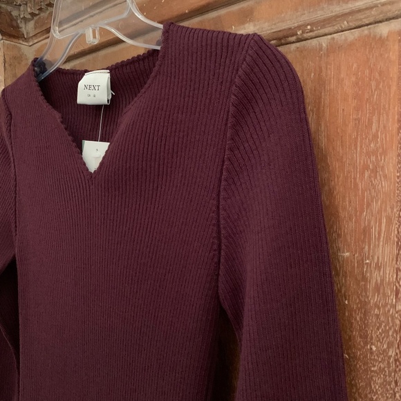 NEXT UK V-Neck Ribbed Merino Wool Blend 3/4 Sleeve Plum Top Size Small - Picture 7 of 14